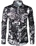 ZEROYAA Men's Hipster Printed Slim Fit Long Sleeve Button Up Satin Dress Shirts, 102-black, X-Large