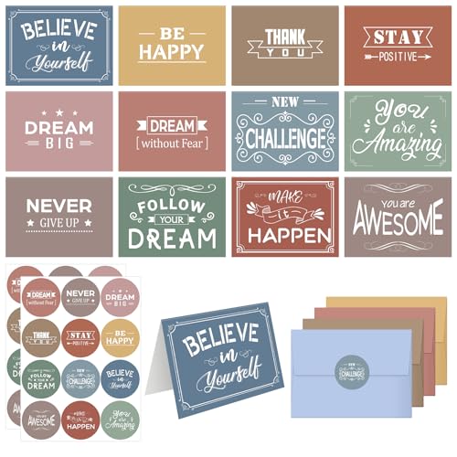 Outus 24 Set Motivational Greeting Card with Envelope Inspirational Note Postcard Bulk with Sticker Positive Affirmations Card for Back to School Colleague Office Birthday Party Supplies(Morandi)