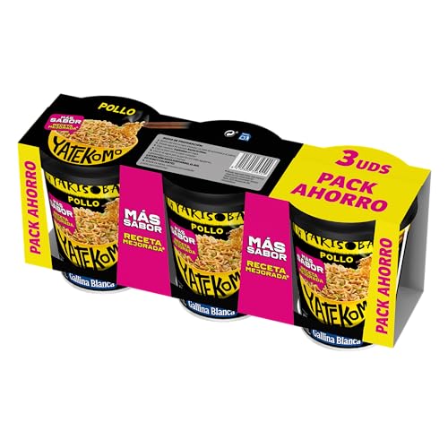 Gallina Blanca · Fideos Orientales Yakisoba Pollo | Preparado de Noodles Orientales. Receta Japonesa con Verduras y Salsa Oriental. Listo en 3 Minutos · Pack de 3 vasos de 93 gramos · 3 raciones