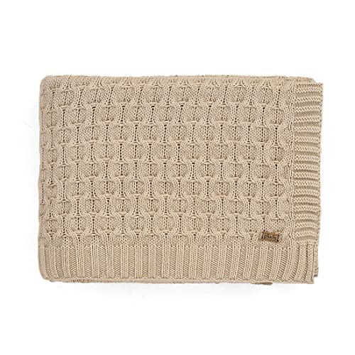 Image of Pluchi Kelly Knit Cotton Knitted Textured All Season AC Throw Blanket for Sofa (Luxurious,125cm X 150cm, 49 x 59 Inches) (Stone)