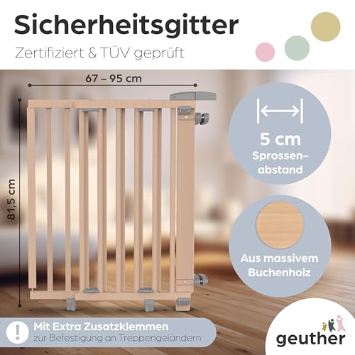 Geuther Treppenschutzgitter Oris | Türschutzgitter zum Anschrauben inkl. 2X Klemmen für Treppengeländer, Breite 67-95 cm | Stabiles Türgitter mit Schwenktür | Kindergitter Holz, Natur lackiert
