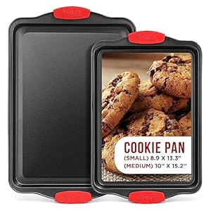 2 Piece Set Nonstick Carbon Steel Oven Bakeware -Professional Quality Kitchen Cooking Baking Trays -PFOA, PFOS, PTFE-Free Medium & Large Baking Sheet Pans with Red Silicone Handles