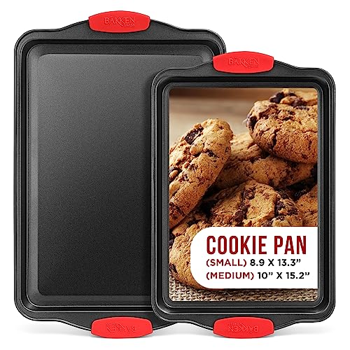 2 Piece Set Nonstick Carbon Steel Oven Bakeware -Professional Quality Kitchen Cooking Baking Trays -PFOA, PFOS, PTFE-Free Medium & Large Baking Sheet Pans with Red Silicone Handles