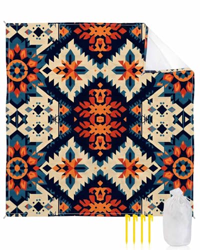 Beach Blanket Sandproof Waterproof Picnic Blankets Retro Indian Ethnic Style Extra Large Lightweight Outdoor Beach Mat with Corner Pockets for Travel/Camping/Hiking Ancient Patterns