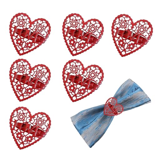 Juego de anillos de pañuelos en forma de corazón rojo ahuecado para decoración de mesa | Servilletero de San Valentín en forma de corazón para fiestas de compromiso y aniversarios