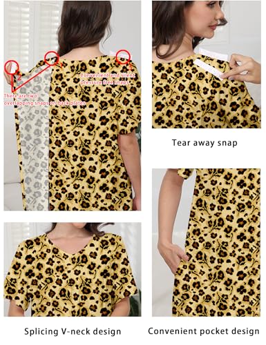 Image of Hospital Gowns for Women Open Back Tear Away Snap Post shoulder Dress Short Sleeve Soft Adaptive Clothing with Pockets
