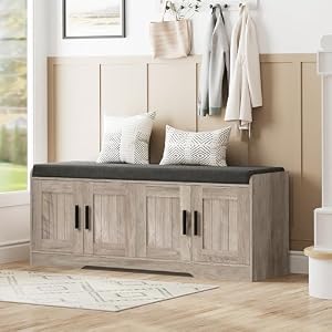 Homleke Shoe Storage Bench, 4 Doors & Thickened Padded Seat Cushion | 2-Tier Shoe Bench, Entryway Bench, Adjustable Shelf, 13.8″ D x 45.3″ W x 18.5″ H, for Living Room, Bedroom, Greige