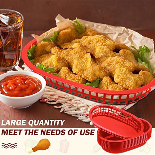 60 Pcs fast food basket for Serving 10.5\" x 7\" plastic Oval Retro Storage basket plates Bin Food Service Tray for Restaurant Chip Hot Dog Burger Sandwiches Picnic Party(Red) - Thumbnail 5