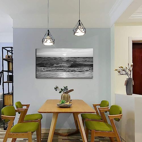 Black and White Ocean Waves Canvas Wall Art Modern Beach Framed 48"x24" by Amoy Art - Used condition - Image 4