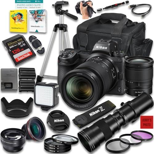 Nikon Z7 II Mirrorless Camera with Z 24-70mm f/4 S and 420-800mm f/8 Manual Super HD Telephoto Lens + 128 GB Memory + Extra Battery + Camera Case + More (34pc Bundle) (Renewed)
