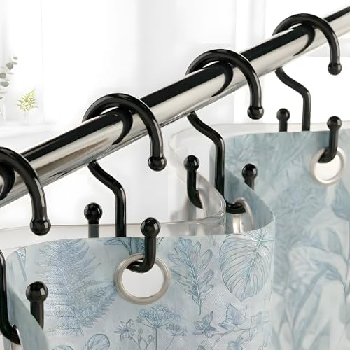 Bathway Plastic Double Shower Curtain Hooks,12Pcs Bathroom Shower Curtain Hooks, Smooth Sliding, Easy to Use, Multi-Functional Rings for Shower Curtain, Clear (12, Black)