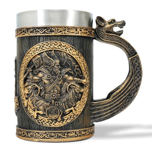 AtSKnSK Viking Beer Mug - 304 Stainless Steel Beer Stein 0.6 Liter/21 oz Resin Carving Metal Cup Norse Mythological Designs Birthday Viking Beer Gifts for Men (Thor)