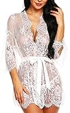 RSLOVE Women's Lace Kimono Robe Babydoll Lingerie Mesh Nightgown White XL