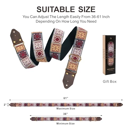 Image of Nefelibata Guitar Strap,Crazy Horse Leather Jacquard Embroidery Cotton Guitar Straps for Bass, Electric & Acoustic, Best Gifts for Guitarists(Bohemian Red Square)