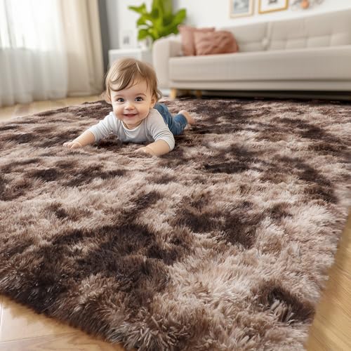 Amdrebio Tie-Dyed Brown Rugs for Bedroom Living Room, 8x10 Large Fluffy Shaggy Plush Area Rugs for Kids Room Decor Aesthetic, Modern Cool Fuzzy Furry Carpet for Classroom Playroom Preppy Dorm Nursery