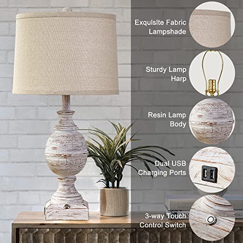 Farmhouse Table Lamp For Living Room, Rustic Touch Nightstand Lamps Set Of 2 With Usb Charging Ports 3-Way Dimmable Vintage Traditional Bedside Table Lamp For Bedroom White Wood Finish Bulbs Included #TOP5