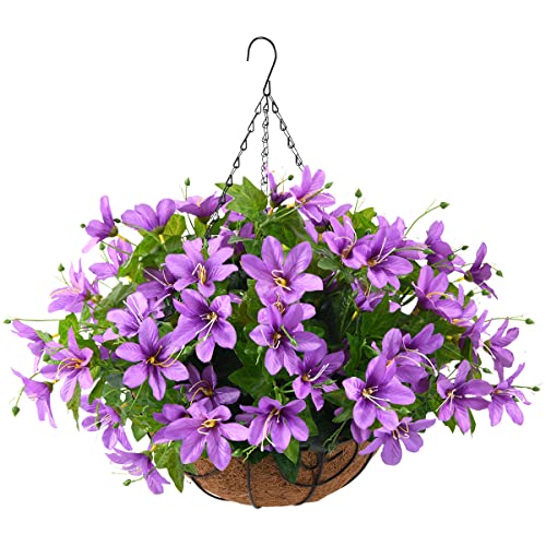 Artificial Orchid With Hanging Basket, 12-Inch Coconut Lining Hanging Flower Potted For Porch Courtyard Decoration, Artificial Plants Hanging Flower Basket Indoor And Outdoor Decoration(Purple) #TOP16