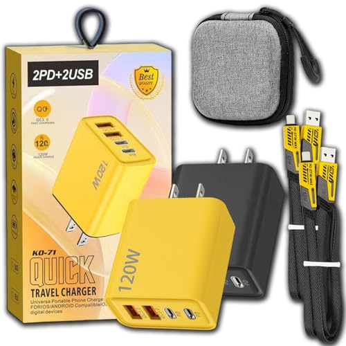 Portable Fast Charger, Type C/USB A Dual Ports Adapter, 4 in 1 Fast Charging Cable & Data Sync, 120w Fast Chargers, 1.5m Flat Braided, for iPhone, Ipad, and Airpods (2pcs,Yellow&Black)