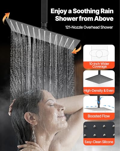 VEVOR Juego de Grifería para Ducha, Sistema de Ducha de Lluvia de Montaje en Techo de 10 Pulgadas con Cabezal de Pared de 6 Pulgadas y Rociador de Mano 2 en 1, Válvula de Latón Giratoria de 3 Funciones y Kit de Recorte, Negro Mate miniatura 4