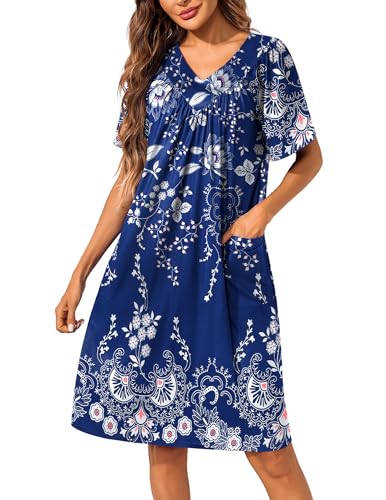 Image of Ekouaer Womens House Dress Floral Print Nightgown with Pockets Mumu Dress | V Neck Nightgowns for Women Pleated Short Sleeves Mumu Dresses Knee Length Moo Moo for Sleep, Daily Wear, Vacation, Party