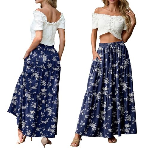 Image of Lepunuo Womens Casual Boho High Waisted Flowy Maxi Skirts Tiered Floral Long Skirts with Pockets for Summer Beach Vacation