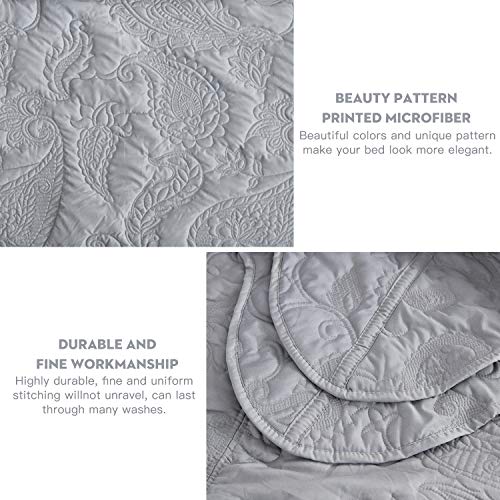 Image of HZ & HY Oversized Alaskan King Bedspread 138x122 Extra Wide, Stitched Paisley Quilt Set, Lightweight Reversible Coverlet, Scalloped Edge - Modern Classic Look, 5 Piece, Ultimate Gray