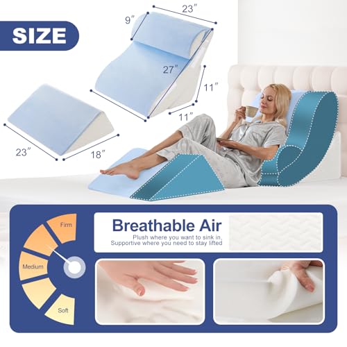 Image of WSOFRLAC 4PCS Bed Wedge Pillow for Sleeping and Sitting Up, Orthopedic Memory Foam Pillow Set for Back Pain, Post Surgery Recovery, Acid Reflux, GERD Relief, Triangle Shape, Blue White