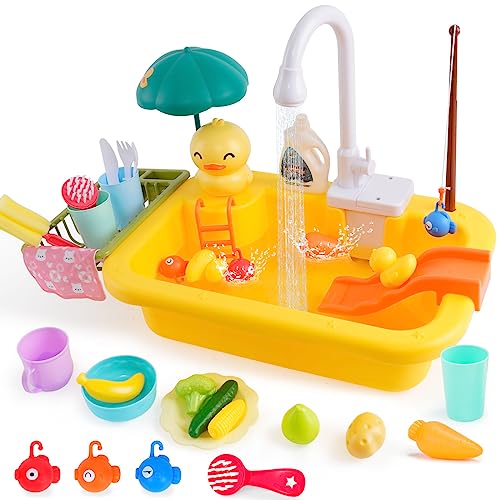 Juguetes de Cocina Con Grifo de Trabajo Linda Forma de Pato Para Niños - Juego de Pesca y Diapositivas Fregadero Con Frutas Vajilla Accesorios