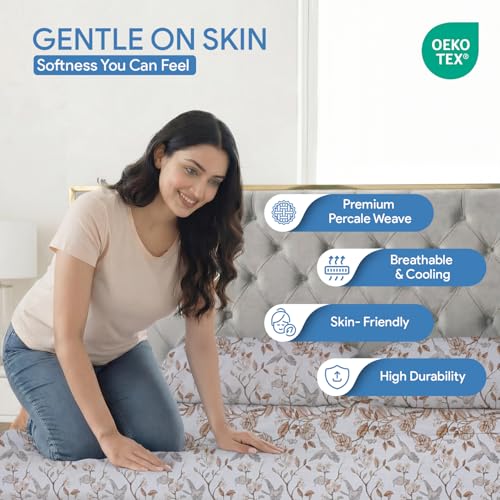 Image of LINENWALAS 100% Cotton Flat Bed Sheet for King Size Bed | Super Soft, Breathable, OEKO-TEX Certified 300 TC | Premium Hotel Class Floral Bedsheet with 2 Pillow Cover (108x108 Inches, Whispering Wings)
