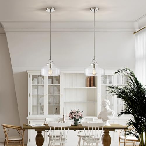 Image of WUZUPS Chandelier Rustic Farmhouse Industrial Round Ceiling Pendant LED Light Fixture with Clear Glass Shades for Dining Room Kitchen Island Foyer Entryway, H 9.4 inch x W 10.6 inch, E26 Base, Brushed Nickel