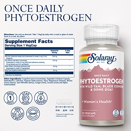 Image of SOLARAY Once Daily Phytoestrogen - Phyto Estrogen Supplement for Women with Black Cohosh, Dong Quai, Wild Yam, Soy Isoflavones - Women's Health Support - 60-Day Guarantee, 30 Servings, 30 VegCaps
