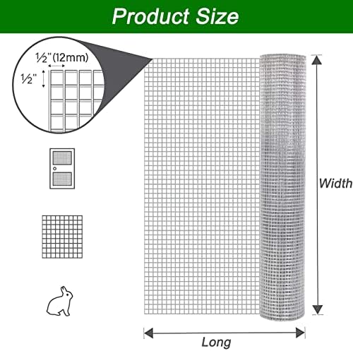1/2" Square Stainless Steel Welded Wire Mesh - Rust-Proof, Heat-Resistant Rabbit & Chicken Wire for Garden, Home Projects, Animal Fencing, Durable Outdoor Use