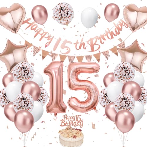 Decoraciones De Cumpleaños Número 15 De Color Oro Rosa, Decoraciones De Cumpleaños Número 15 Para Niñas, Globos De Cumpleaños Número 15 Con Pancarta De Feliz Cumpleaños Número 15, Globos Para