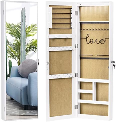 SZQINJI Jewelry Armoire Cabinet with Full-Length Mirror, Large Storage Jewelry Organizer, Wall/Door Mounted, Lockable, Pure White