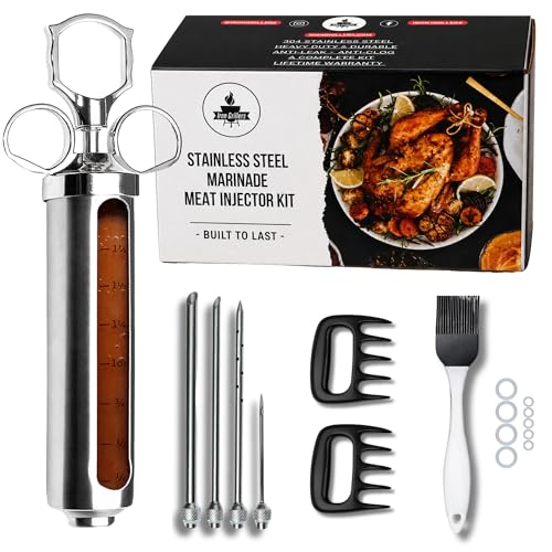 Professional Marinade Meat Injector Syringe Kit for Smoking & Grilling Brisket, Pork, Turkey & BBQ - Large 2 Oz Stainless Steel Capacity, Never Leaks or Clogs + Meat Shredding Claws & Brush