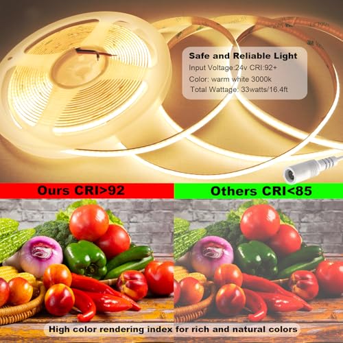 Image of COB Light Strip CRI 93+ Warm White Led Strip Lights 3000K 24V 16.4 ft Flexible Uniform Non-Waterproof Under Cabinet Bedroom Kitchen Closet DIY Lighting Decor - Power Supply Not Included
