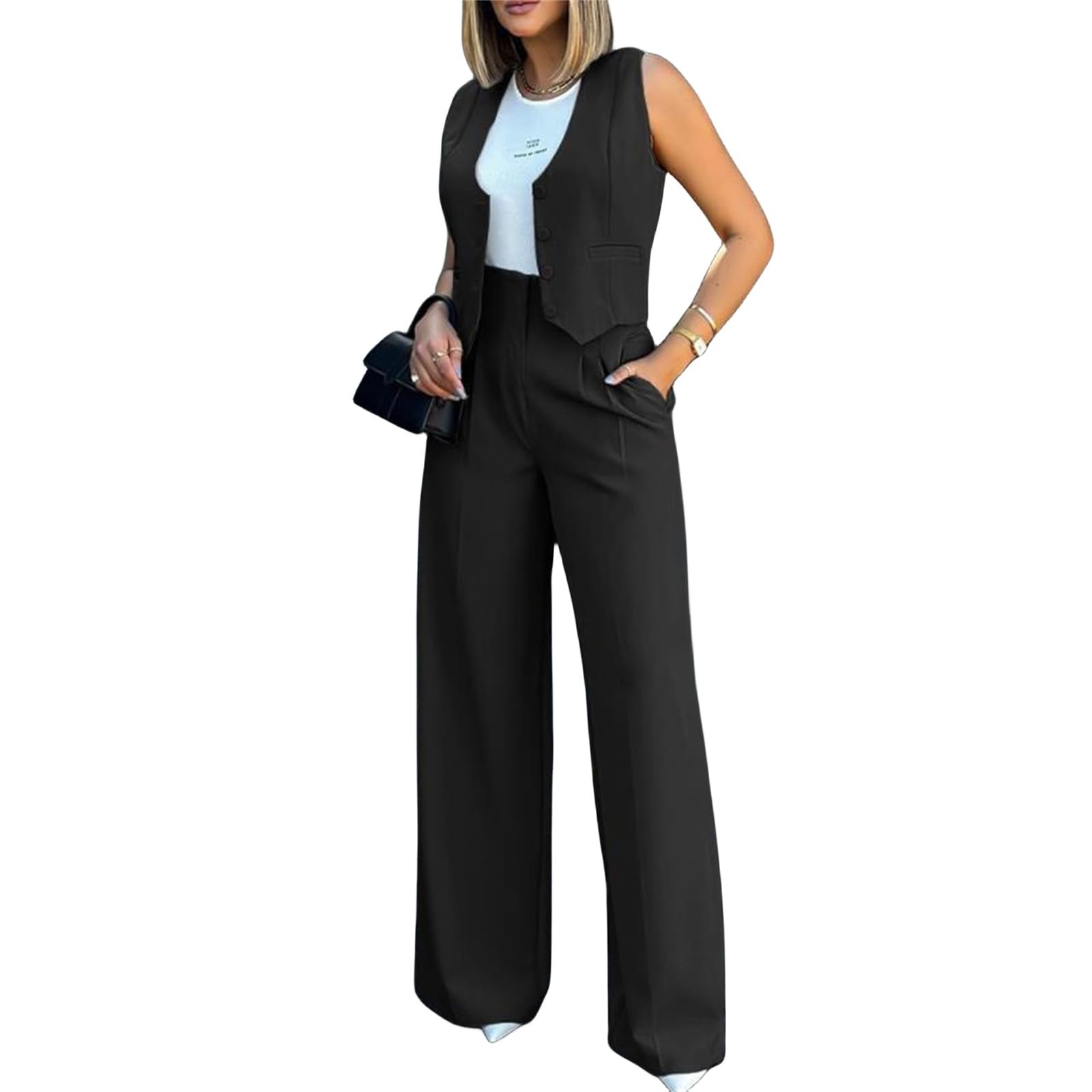 Womens 2 Piece Outfits Dressy Jacket Suits V Neck Sleeveless Crop Vest Blazer and Wide Leg Pants Office