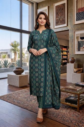 Image of Women Printed Cotton Kurta Pant Set with Dupatta | Straight Kurta Set for Women | Ethnic Wear Suit Set | 3 /4 Sleeve | Teal Green