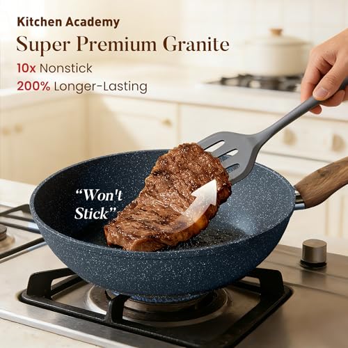 Image of Kitchen Academy Blue Pots and Pans Set Non Stick, 12Pcs Induction Cookware | Premium die-cast aluminum, nonstick granite coating, fast heating, easy to clean, PFOA & PFOS free, toxic-free cooking