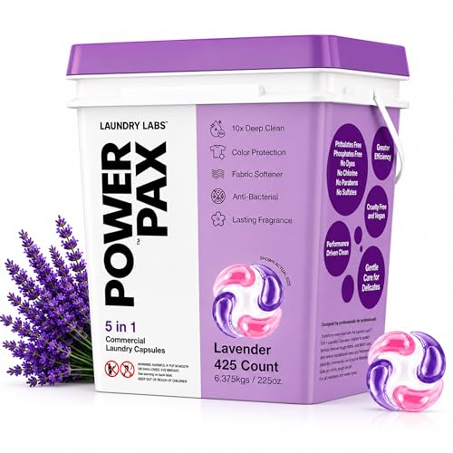 Image of PowerPax 5-in-1 Laundry Detergent Pods - 425 Count, Washer Pods with Stain Remover, Odor Control, Fabric Softener & Color Care for Commercial Laundry - Lavender
