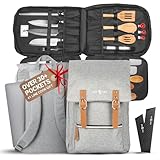 Chef Knife Bag Vintage Backpack | 30+ Pockets for Knives and Chef Tools | Knife Carrying Case with Hidden Back Pocket for Tablet | Sturdy Knife Bag for Chefs & Culinary Students (Heather Grey)