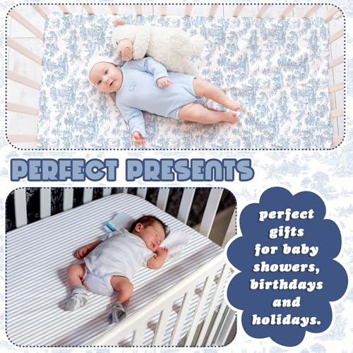 Image of Peryiter 4 Pack Crib Sheets Blue Toile Soft Baby Bed Sheet Set 52'' x 28 inch Nursery Crib Sheets for Standard Bed Toddler Mattress Nursery Decor Boys Girls Kids Baby