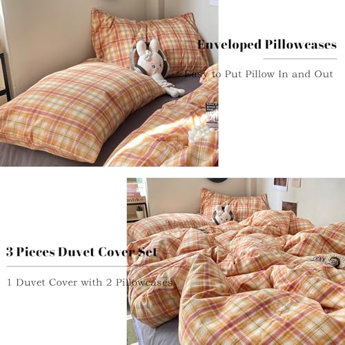 Image of EAVD Vintage Style Gingham Duvet Cover Queen Soft 100% Washed Cotton Bedding Set with Colorful Grid Checkered Reversible Plaid Bedding Set for Men Women Retro Plaid Duvet Cover with Zipper