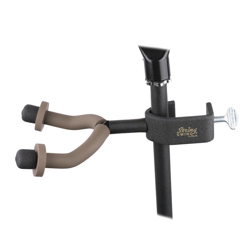 String Swing Mic Stand Guitar Hanger Holder for Electric Acoustic and Bass Guitars - Stand Accessories for Home or Studio - Keeps Musical Instruments Safe On Stage - Black Metal Stand Clamp CC04