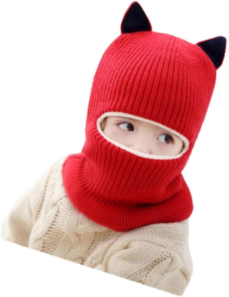Winter Knit Face Mask Hat Red Windproof with Scarf, Warm