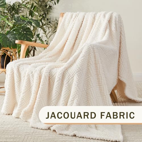 Image of EMME Fleece Blanket, 3D Jacquard Throw Blanket for Couch and Bed, Soft Cozy and Fluffy Blankets Lightweight Luxury Flannel with Waffle Design (Ivory, 60 inch x 80 inch)
