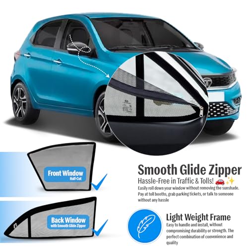 Image of Autofact Magnetic Car Sunshades Compatible with Tata Tiago (Set of 4) - Easy Installation, UV Protection, Keeps Car Cool (Front 2 Half-Cut for Side Mirror Visibility, Rear 2 with Zippers)