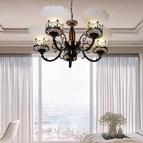 Image of SUANI Premium 5 Glass Lamp Colonial Antique Design Chandelier| Jhoomer for Home| Jhumar for Living Area| 40 Watt for Home and Decoration (Black and White) (Bulb Not Included)