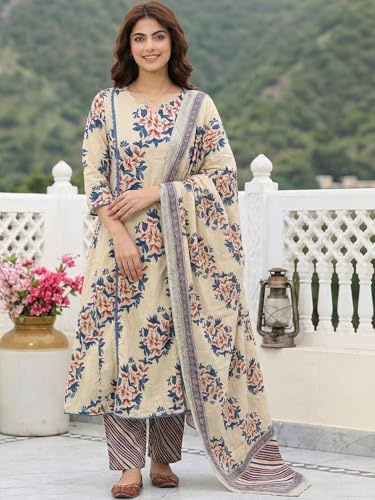 Image of GoSriKi Kurta Sets for Women Viscose Printed | Kurti Set for Woman | A-Line Kurta Pant Dupatta Set | 3 Piece Set Women | V Slit Round-Neck 3 /4 Sleeve Regular Fit Stylish Ethnic Outfit Clothing