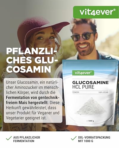 vit4ever Glucosamin HCL Pure - 1000 g (1 kg) reines Pulver ohne Zusätze - Aus pflanzlicher Fermentation - Laborgeprüft - Vegan - Hochdosiert - Premium Qualität